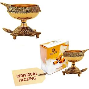 SATVIK 2 Pc Big Size Kuber Turtle Diya for Diwali Decoration Handmade Oil Lamp with Golden Engraved Virgin Brass Metal Diwali Diya Vilakku for Puja Pooja Traditional Indian Deepawali Gift Items