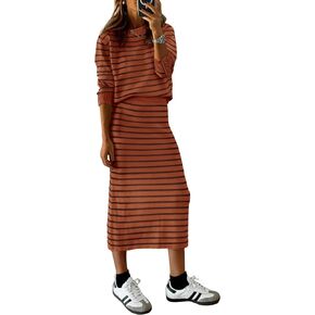 PRETTYGARDEN Women's 2 Piece Striped Sweater Sets Fall Long Sleeve Knit Pullover Pencil Skirts Matching Travel Outfits