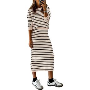 PRETTYGARDEN Women's 2 Piece Striped Sweater Sets Fall Long Sleeve Knit Pullover Pencil Skirts Matching Travel Outfits