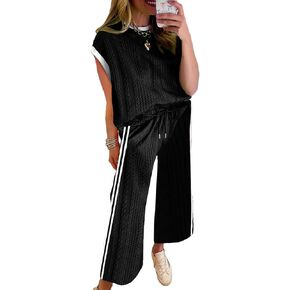 SHEWIN Women's 2 Piece Lounge Sets Casual Cap Sleeve Pullover Tops and Drawstring Wide Leg Pants Tracksuit Sets