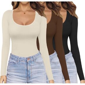 Ekouaer Womens 3 Pack Long Sleeve Shirts Scoop Neck Tops Stretch Fitted Undershirt Lightweight Basic Thermal Tee XS-XXL