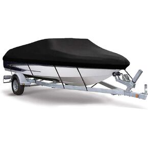 Heavy Duty 600D Waterproof Trailerable Boat Cover Marine Grade Polyester Canvas Fits V-Hull Tri-Hull Runabout Boat Cover (Length:14-16FT/420cm-480cm Beam Width up to 290cm/114in)