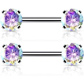 Pierced Owl - 14G Stainless Steel Threadless Push-in Prong Set Crystal Nipple Rings, Sold as a Pair