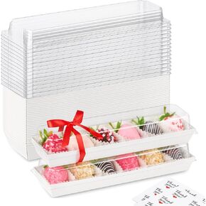 25 Pack Paper Strawberry Boxes with Clear Lids, 12 x 2.6 x 2 Inches White Long Macaron Boxes To Go Containers for 5-7 Chocolate Covered Strawberries, Cookies, Cocoa Bombs, Truffles