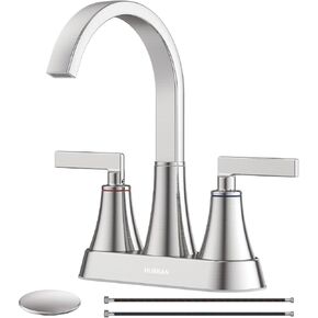 Bathroom Sink Faucet, Hurran 4 inch Brushed Nickel Bathroom Faucets for Sink 3 Hole with Pop-up Drain and Supply Lines, Stainless Steel 360 Swivel Waterfall Faucet for Bathroom Sink Vanity RV Restroom
