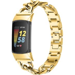 Compatible with Fitbit Charge 6 Bands Women&Men, Replacement Stainless Steel Band Wrist Straps Cowboy Chain Alloy Bracelet for Charge 6 Fitness Tracker