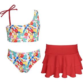 SHEKINI Girl's Three Piece Swimsuits Ruffle Tie Bathing Suit with Cover Up Beach Skirt