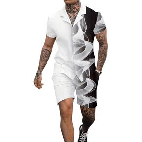 GORGLITTER Men's 2 Piece Outfit Graphic Print Button Down Short Sleeve Shirt and Shorts Set