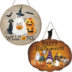 2 Pcs Halloween Welcome Sign for Front Door Pumpkins Happy Halloween Ghosts Hanging Wood Home Decor Wall Hanging Sign for Outdoor Home Window Wall Decor