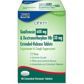 Ohm Guaifenesin Tablets, 600mg Guaifenesin, 30mg Dextromethorphan HBr, Thins and loosens Mucus, Controls Coughs, Immediate and Extended Release, 40 Tablets
