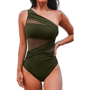 CUPSHE Women's One Piece Swimsuit Long Torso Bathing Suit Tummy Control Mesh Asymmetric Neck One Shoulder