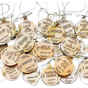 Names of Jesus Ornaments Christ Christmas Decorations Nativity Set Round Wood Xmas Savior Name Hanging Christmas Tree Car Home Decor with Different Names (Names of Jesus Ornaments（25 pcs）)