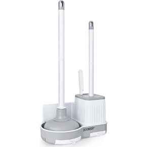BOOMJOY Toilet Brush and Plunger Set with Crevice Cleaning Brush, White Plunger and Brush Combo with Hidden Holder, Bathroom Plunger and Toilet Bowl Brush Set Heavy Duty