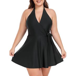 Ocean Blues Women's V-Neck One Piece Swimdress Halter Wrap Swimsuit Tummy Control One Piece Skirt Bathing Suit