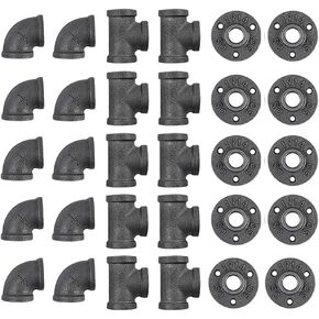30 Pack 1/2 Inch Cast Iron Pipe Fittings (10 Elbows, 10 Tees, 10 Flange), DIY Steampunk Industrial Vintage Style.