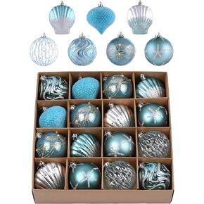 Valery Madelyn Christmas Tree Decorations Set, 16ct Light Blue and Silver Shatterproof Christmas Ball Ornaments Bulk, 3.15 Inches Coastal Ocean Hanging Ornaments for Christmas Trees Xmas Holiday Decor