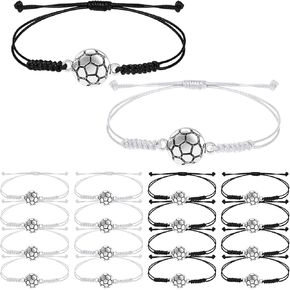 Soccer Charm Bracelets, 14 PCS Adjustable Soccer Ball Beads Bracelets Black White Braided Rope Soccer Wristbands Soccer Sports Party Favors Gift Bracelet Accessories for Women Men Teens Team Players