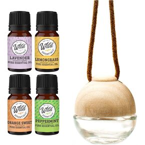 Wild Essentials Glass & Wood Hanging Aromatherapy Diffuser Starter Kit Gift Set includes 4-100% Pure Essential Oils, Lavender, Lemongrass, Orange Sweet and Peppermint