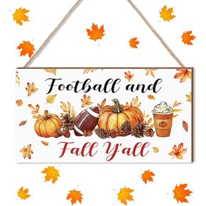 Geetery Football and Fall Y'all Wood Sign Hanging Farmhouse Wall Decor Fall Football Wall Decor Rustic Wooden Autumn Porch Sign for Front Door Home Living Room Garden Harvest Thanksgiving (Lovely)