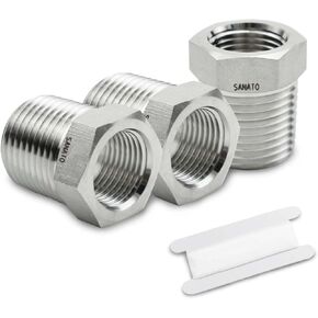 SANATO 3 Pcs Stainless Steel 304 Forging Hex Bushing, 1/2" NPT Male x 3/8" NPT Female Pipe Fittings, Heavy Duty Hose Adapter