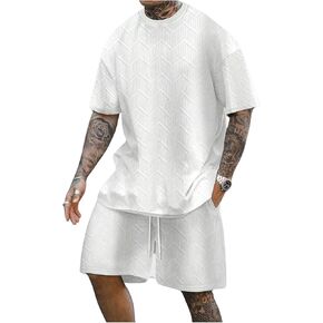 OYOANGLE Men's 2 Piece Outfits Solid Color Textured Half Sleeve T Shirts Tee Top Drawstring Track Shorts Set