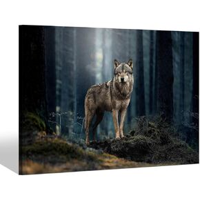 Animal Wolf Canvas Wall Painting - Wild Wolf Standing Forest Artwork Painting Wildlife Nature Scene Picture for Kitchen Hallway