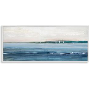 Stupell Industries Morning Sky Abstract Nautical Ocean Landscape Distant Boats, Designed by ​Sally Swatland White Framed Wall Art, 30x13, Beige