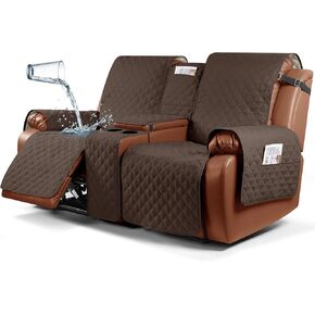 Ruaozz Waterproof Recliner Loveseat Cover with Console Non-Slip Couch Covers for Reclining Couches Pet Cover for Double Recliner Sofa Cover with Elastic Straps for Kid Dogs Pets (Dark Brown, 2 Seater)