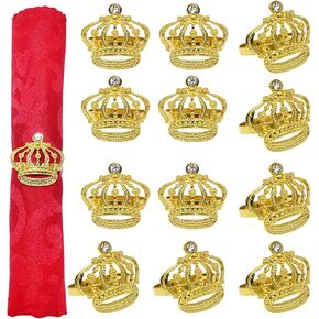 Crown Napkin Rings Set of 12 Gold Rhinestone Napkin Rings for Wedding Bridal Shower Baby Shower Birthday Party Christmas New Year Home Table Decoration (Crown-Gold 12)