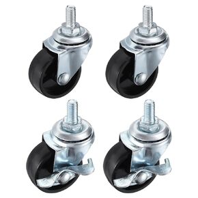 PATIKIL 1.5 Inch Stem Casters Wheels, Wire Shelf Caster M8 Threaded Swivel Wheels for Furniture Wire Shelving Rolling Cart Replacement, Black (2 with Brake, 2 Without Brake)