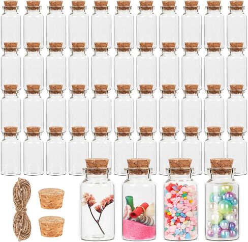 زجاجات زجاجية صغيرة سعة 25 مل مع فلين، 48 عبوة زجاجات صغيرة مع سدادات فلين وخيوط إضافية، قوارير صغيرة بأغطية، برطمانات تعويذة صغيرة، زجاجات جرعة صغيرة لصالح الحفلات، الرمل، الحرف اليدوية in Kuwait