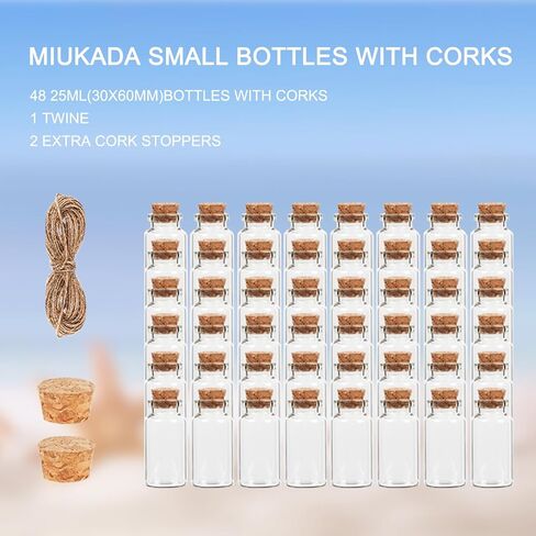 زجاجات زجاجية صغيرة سعة 25 مل مع فلين، 48 عبوة زجاجات صغيرة مع سدادات فلين وخيوط إضافية، قوارير صغيرة بأغطية، برطمانات تعويذة صغيرة، زجاجات جرعة صغيرة لصالح الحفلات، الرمل، الحرف اليدوية in Kuwait