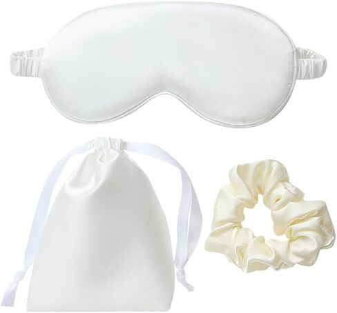 3 Pcs Artificial Silk Sleep Masks Set Satin Sleeping Eye Mask Hair Scrunchies Night Blindfold Blackout Eyeshades Eye Cover Wedding Bridesmaid Gifts White in Saudi Arabia