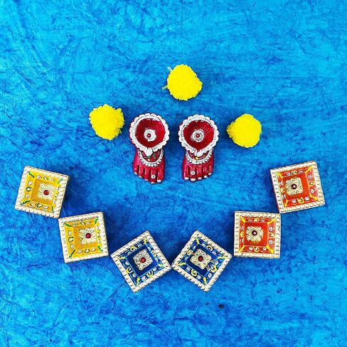 6 دياس و2 لاكسمي تشاران ديا دياس احتفالية بألوان متنوعة مع فتائل قطنية ديكورات احتفالية مصباح زيت ديوالي أضواء طين دياس لحامل ضوء الشاي ديوالي ديكور هندي ديكورات ديوالي in Kuwait