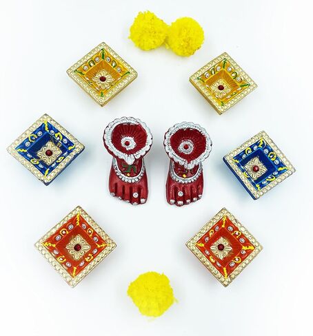 6 دياس و2 لاكسمي تشاران ديا دياس احتفالية بألوان متنوعة مع فتائل قطنية ديكورات احتفالية مصباح زيت ديوالي أضواء طين دياس لحامل ضوء الشاي ديوالي ديكور هندي ديكورات ديوالي in Kuwait