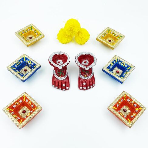 6 دياس و2 لاكسمي تشاران ديا دياس احتفالية بألوان متنوعة مع فتائل قطنية ديكورات احتفالية مصباح زيت ديوالي أضواء طين دياس لحامل ضوء الشاي ديوالي ديكور هندي ديكورات ديوالي in Kuwait