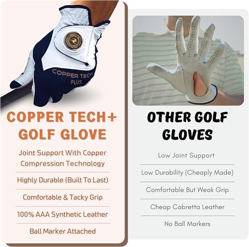 Copper Tech Men's Golf Gloves - Optimal Wrist Support with Copper Infused Thread - 100% AAA Synthetic Tacky Leather - Perfect for Summer & Fall Golfing - Golf Gloves Men (Hand Orientation: Both Hand) in Saudi Arabia