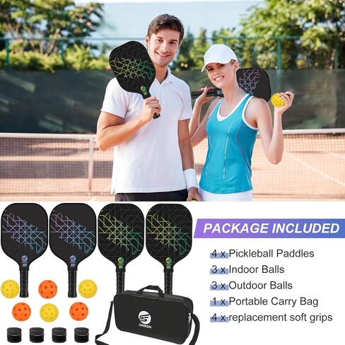 Pickleball Paddles Set of 4, USAPA Approved Carbon Fiber Pickle Ball Paddle (CHS), Polypropylene Honeycomb Core, Anti Slip Sweat Absorbing Grip, 4 Replacement Soft Grip, 6 Pickleball, Bag in Saudi Arabia