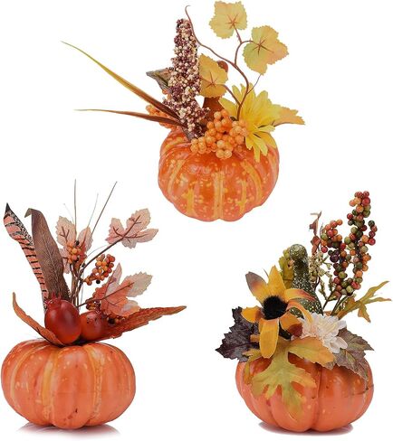 GREENWISH 6inch 3PCS Artificial Pumpkins Gourd, Berry and Maple Fall Leaves Pine Cones Arrangement for Table Home Decor for House Prop Autumn Fall Harvest Thanksgiving Decoration in Saudi Arabia