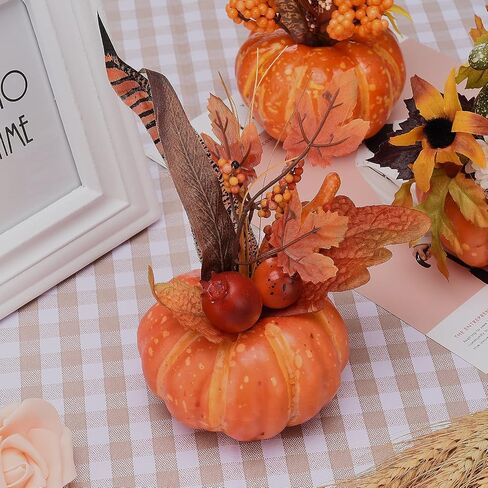 GREENWISH 6inch 3PCS Artificial Pumpkins Gourd, Berry and Maple Fall Leaves Pine Cones Arrangement for Table Home Decor for House Prop Autumn Fall Harvest Thanksgiving Decoration in Saudi Arabia