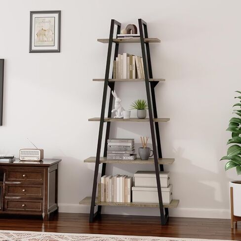 5-Tier Rustic Industrial Wood Bookshelf, Tall Open Etagere Ladder Bookcase, Standing Display Shelves for Home Living Room, Bedroom, and Office Storage, Dark Grey Wood Grain in Saudi Arabia
