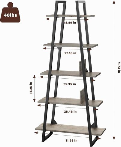 5-Tier Rustic Industrial Wood Bookshelf, Tall Open Etagere Ladder Bookcase, Standing Display Shelves for Home Living Room, Bedroom, and Office Storage, Dark Grey Wood Grain in Saudi Arabia