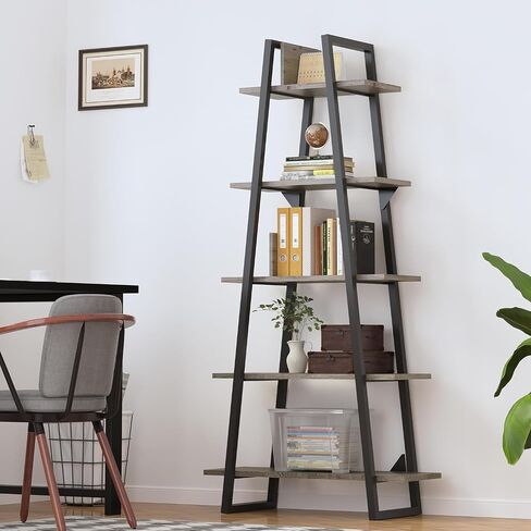 5-Tier Rustic Industrial Wood Bookshelf, Tall Open Etagere Ladder Bookcase, Standing Display Shelves for Home Living Room, Bedroom, and Office Storage, Dark Grey Wood Grain in Saudi Arabia