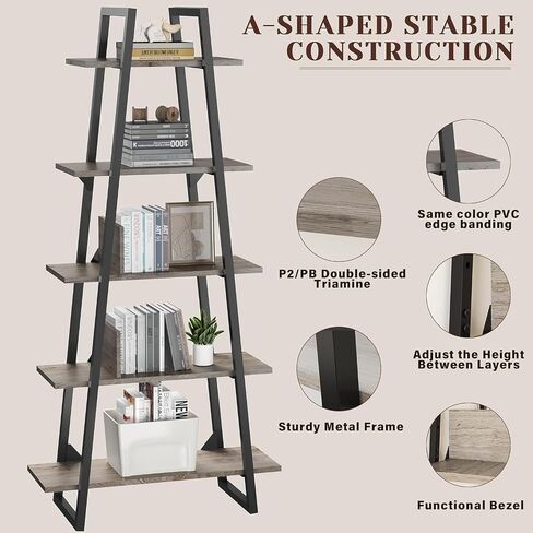 5-Tier Rustic Industrial Wood Bookshelf, Tall Open Etagere Ladder Bookcase, Standing Display Shelves for Home Living Room, Bedroom, and Office Storage, Dark Grey Wood Grain in Saudi Arabia