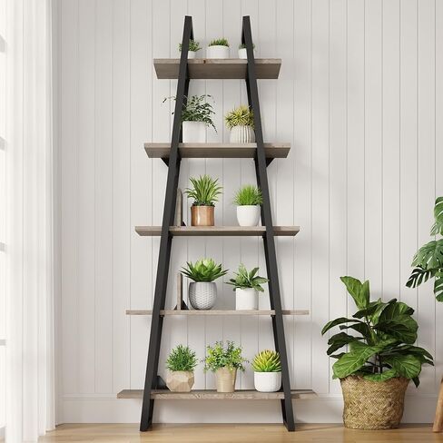 5-Tier Rustic Industrial Wood Bookshelf, Tall Open Etagere Ladder Bookcase, Standing Display Shelves for Home Living Room, Bedroom, and Office Storage, Dark Grey Wood Grain in Saudi Arabia