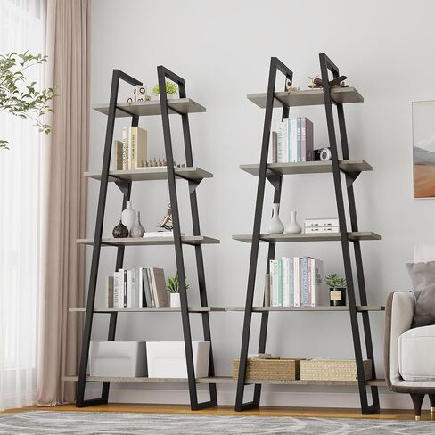 5-Tier Rustic Industrial Wood Bookshelf, Tall Open Etagere Ladder Bookcase, Standing Display Shelves for Home Living Room, Bedroom, and Office Storage, Dark Grey Wood Grain in Saudi Arabia