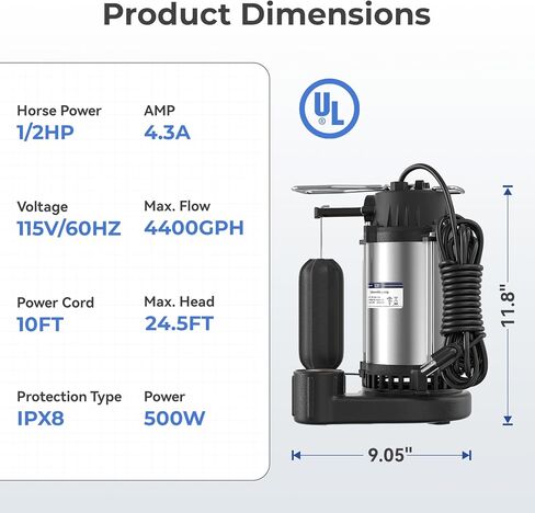 مضخة مستنقع 1/2 حصان غاطسة مع مفتاح تعويم عمودي، 4400 جالون في الساعة، مضخة مستنقع من الفولاذ المقاوم للصدأ للطابق السفلي، مضخة مياه غاطسة للخدمة الشاقة، تفريغ 1-1/2 بوصة NPT in Kuwait
