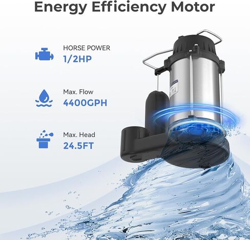 مضخة مستنقع 1/2 حصان غاطسة مع مفتاح تعويم عمودي، 4400 جالون في الساعة، مضخة مستنقع من الفولاذ المقاوم للصدأ للطابق السفلي، مضخة مياه غاطسة للخدمة الشاقة، تفريغ 1-1/2 بوصة NPT in Kuwait