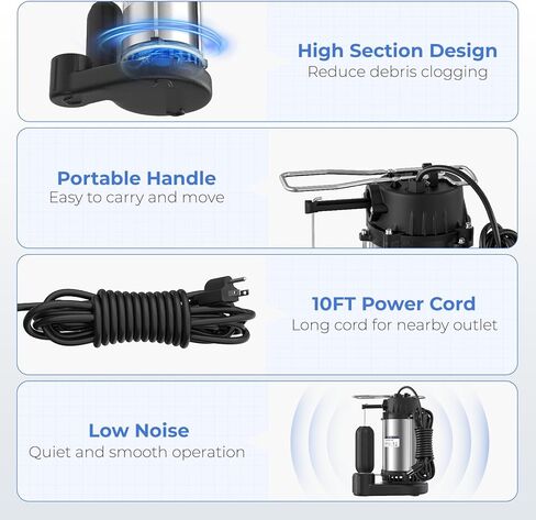 مضخة مستنقع 1/2 حصان غاطسة مع مفتاح تعويم عمودي، 4400 جالون في الساعة، مضخة مستنقع من الفولاذ المقاوم للصدأ للطابق السفلي، مضخة مياه غاطسة للخدمة الشاقة، تفريغ 1-1/2 بوصة NPT in Kuwait