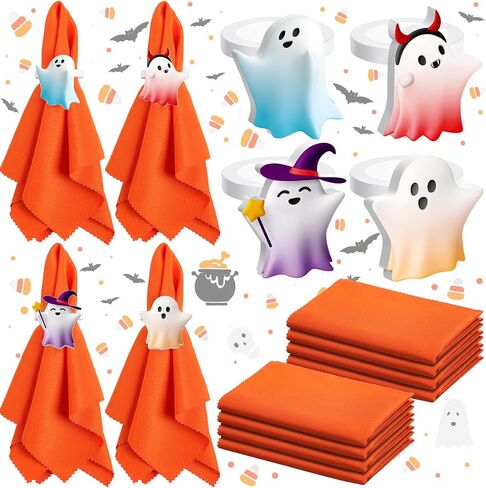 16 Pcs Halloween Napkins and Rings Set 8 Pcs Washable Halloween Napkins Cloth 8 Pcs Halloween Cute Ghost Napkin Rings Holder for Home Dinner Table Setting Halloween Party Supply in Saudi Arabia